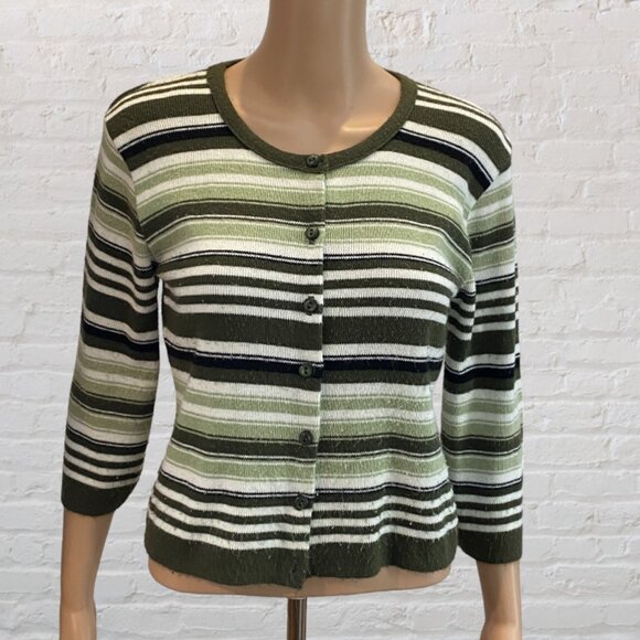 VINTAGE SUGAR -- Sweater, Lightweight, Green and White Striped, 3/4 Sleeves - Picture 3 of 16